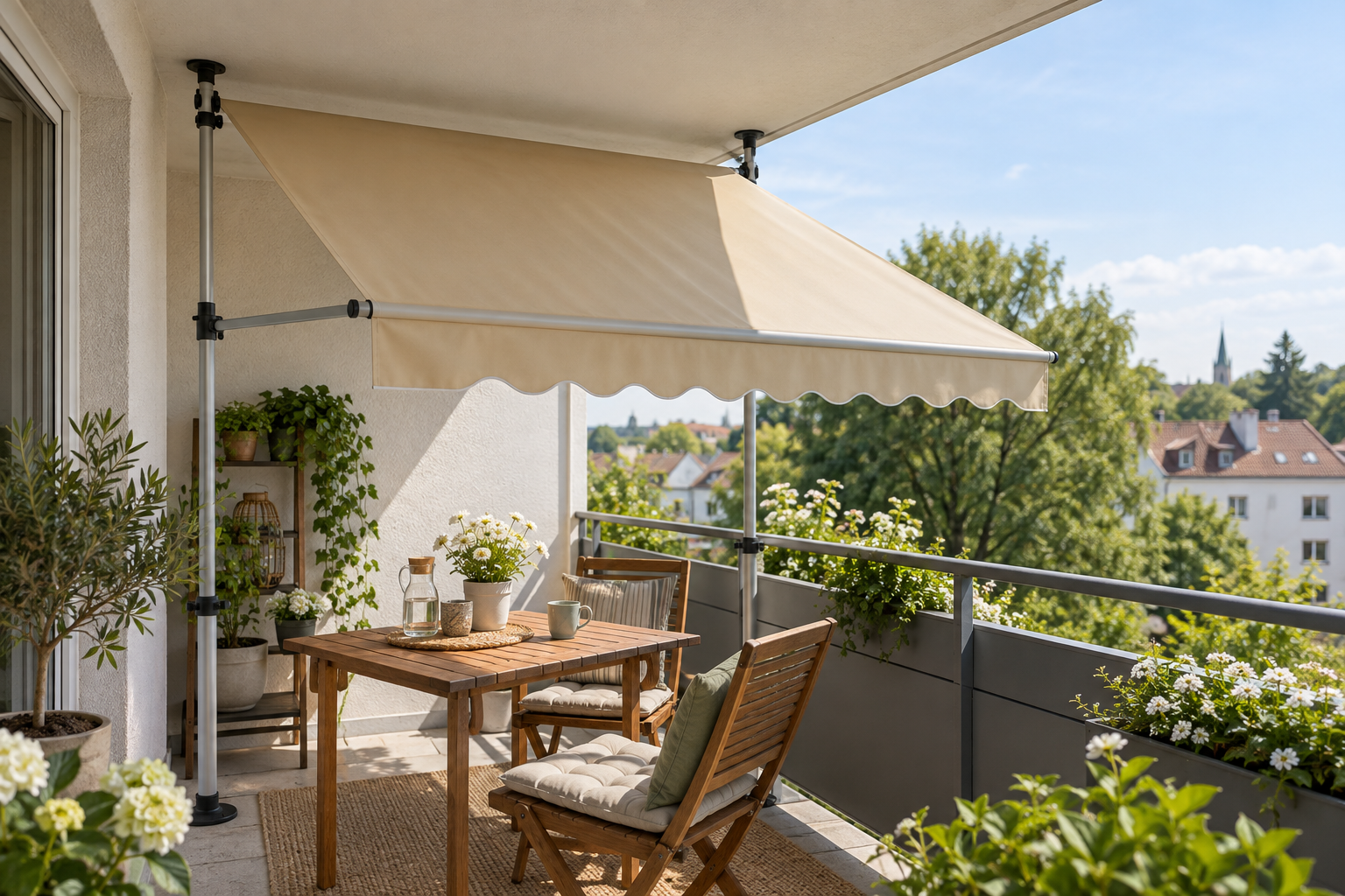 Klemmmarkise zwischen Boden und Decke eines gewöhnlichen überdachten Balkons